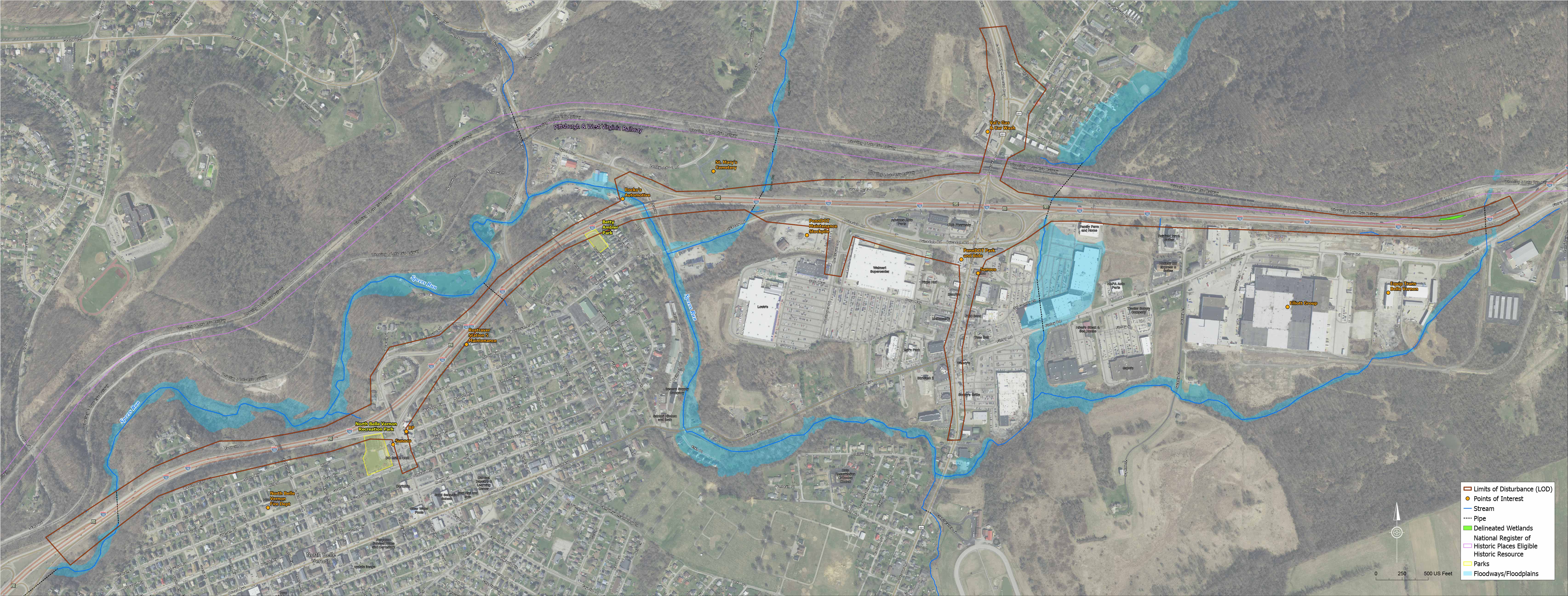 A map of the I-70 at Route 201 Interchange PEL Study project area showing limits of disturbance (LOD), points of interest, streams, pipes, delineated wetlands, historic places, parks, and floodways/floodplains.