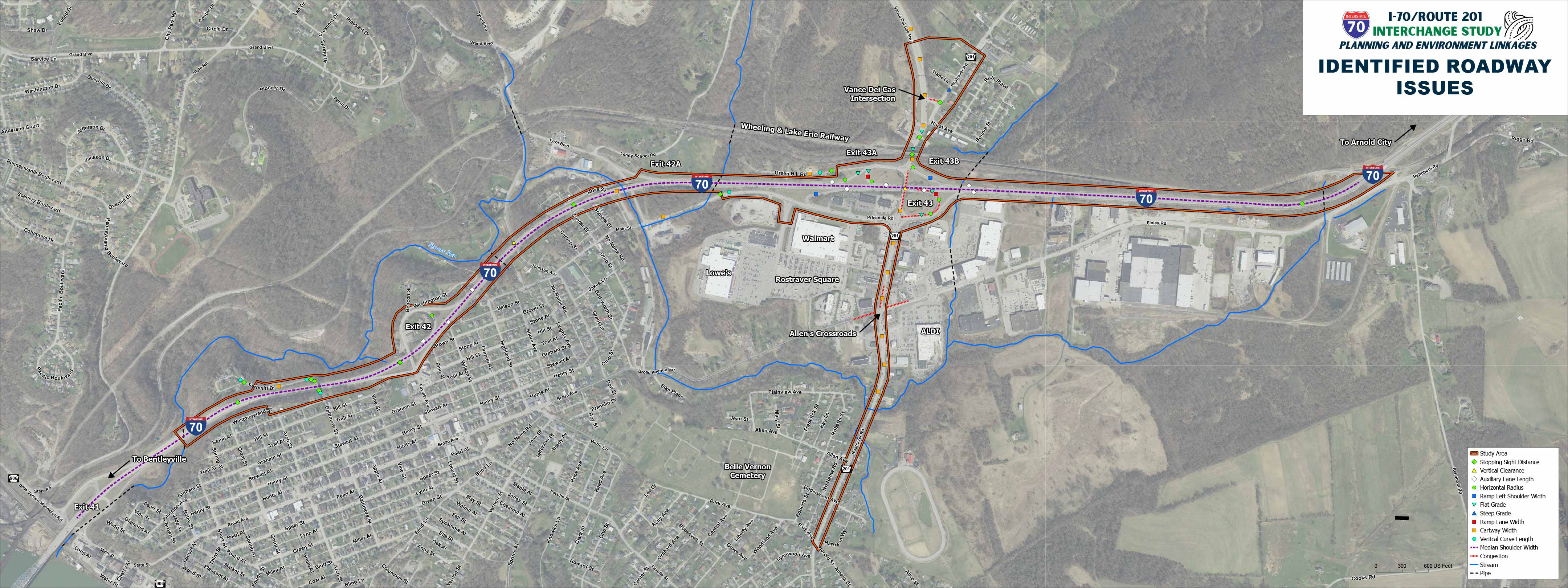A map of the I-70 at Route 201 Interchange PEL Study project area showing stopping sight distance, vertical clearance, auxiliary lane length, horizontal radius, ramp left shoulder width, flat grade, steep grade, ramp lane width, cartway width, vertical curve length, median shoulder width, congestion, streams, and pipes.