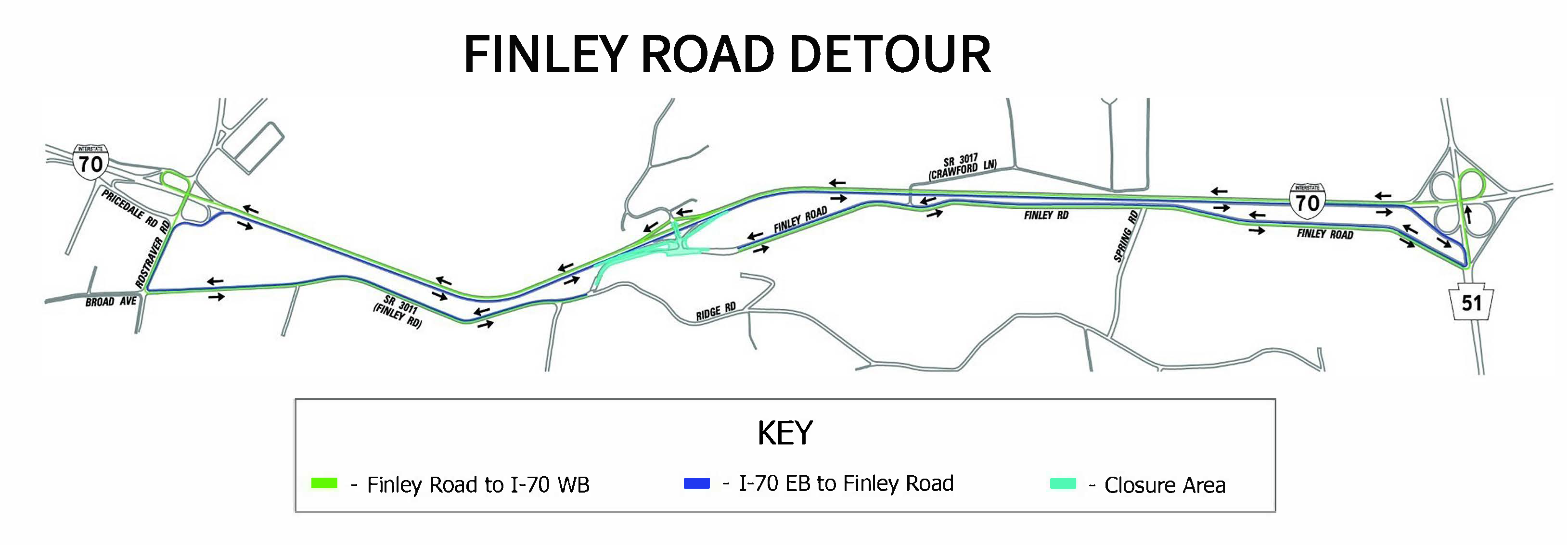 A map showing the Finley Road Detour